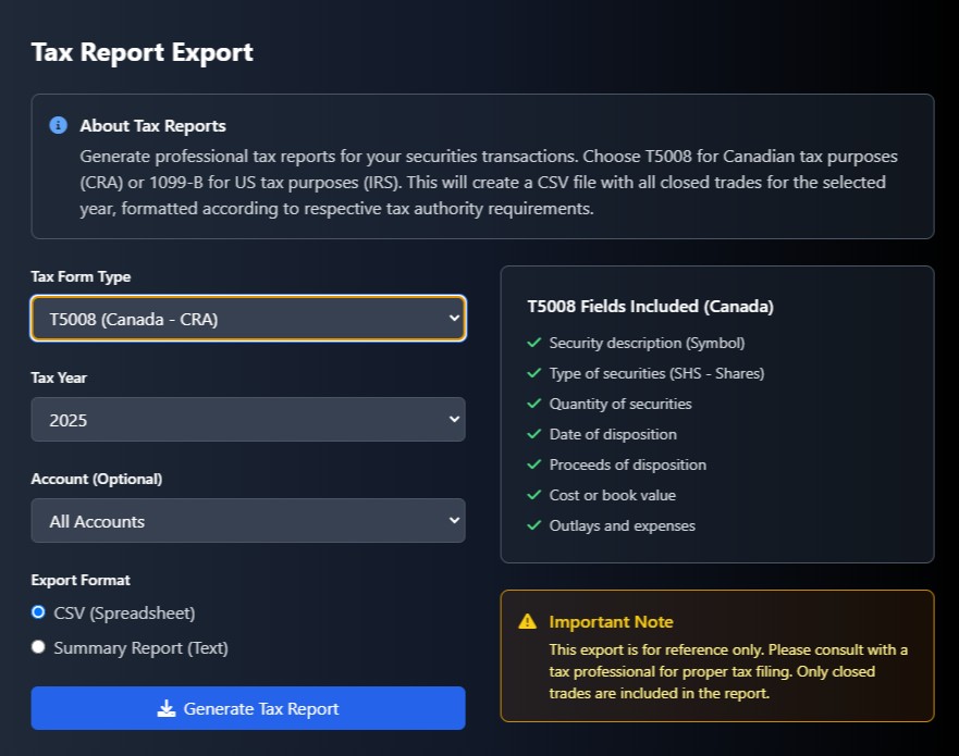DTJ Tax Report Export - Professional T5008 and 1099-B form generation for CRA and IRS compliance