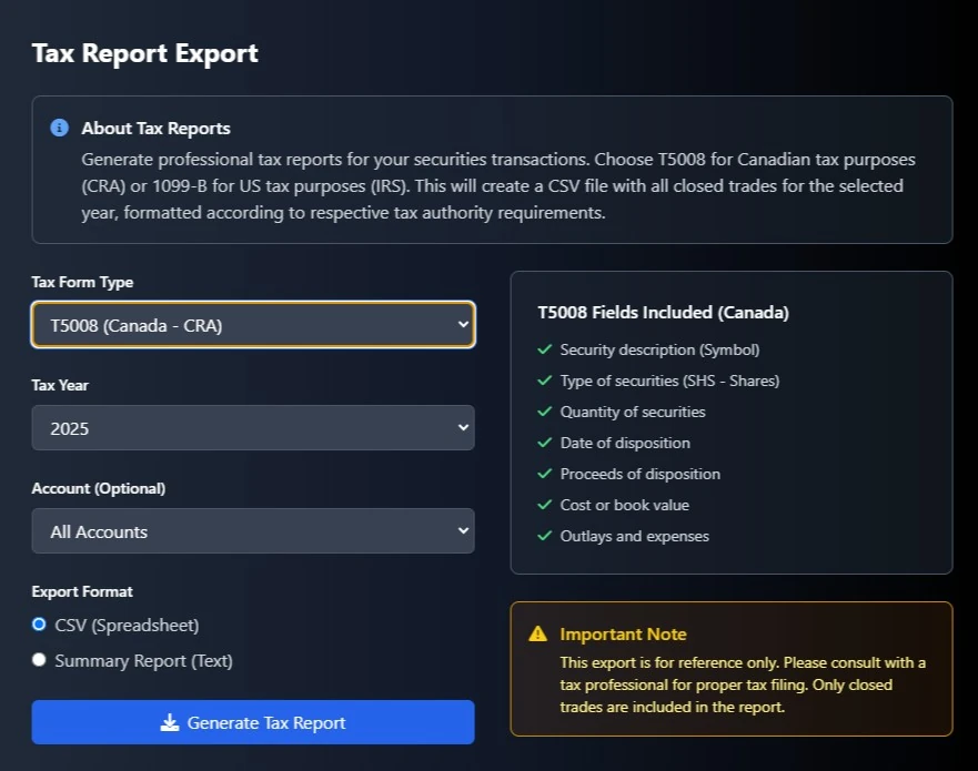 DTJ Tax Report Export - Professional T5008 and 1099-B form generation for CRA and IRS compliance